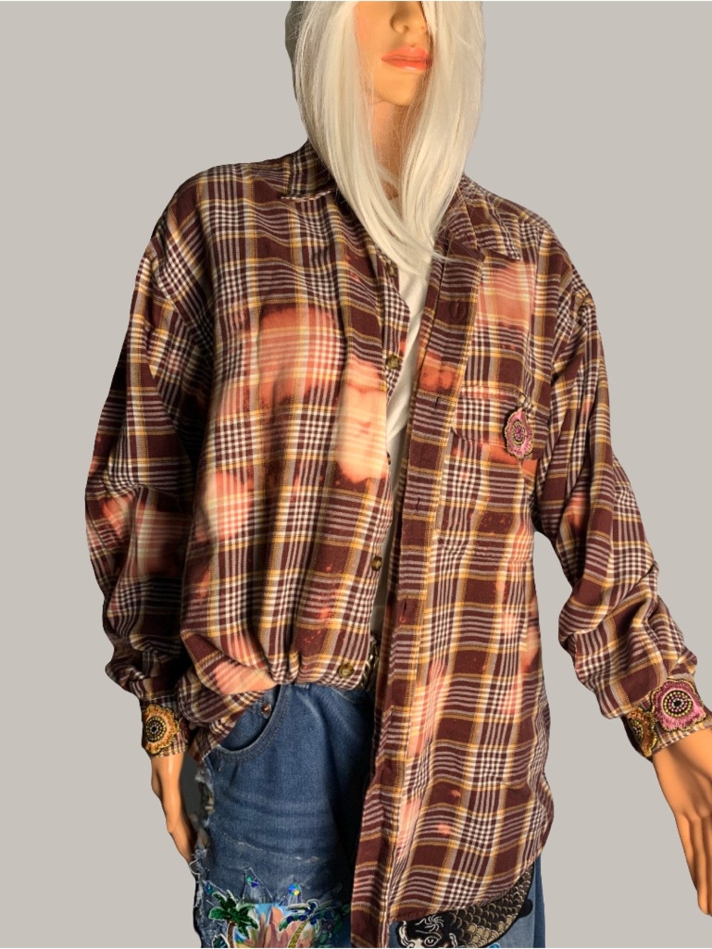 Woven Plaid Men’s Button-Front Blouse in Brown & Pink
